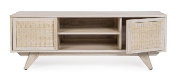 Comodă TV Sahana, cu 2 uși, din lemn de mango și ratan, finisaj alb spălăcit, 128x40x45 cm - Img 8