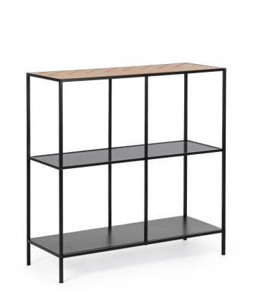 Consolă Haldor, din oțel și MDF furniruit, cu poliță din sticlă, negru și natural, 82x33x85 cm