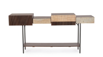Consolă Kibik, 165 cm, 4 sertare, din lemn de mango, piatră și ratan, 165x35x78 cm - Img 2
