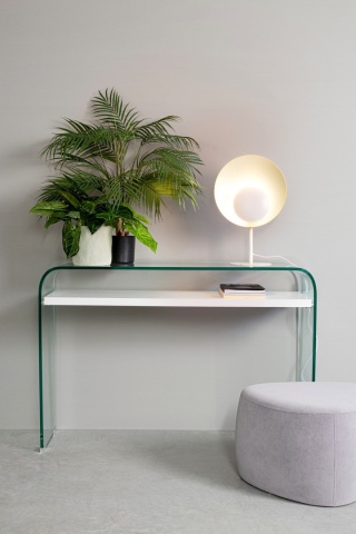 Consolă modernă cu 2 rafturi, blat din sticlă și raft MDF cu efect lemn alb, 110x35x75 cm - Img 5