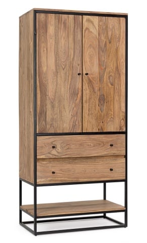 Dulap living Nartan cu 2 uși și 2 sertare, din lemn de sheesham și oțel, 90x45x190 cm