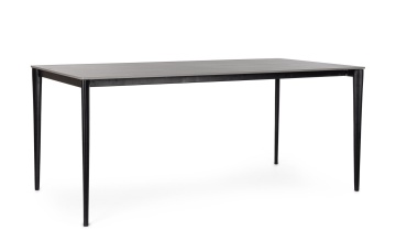 Masă dining fixă Reija, dreptunghiulară, cu blat din gresie porțelanată cu efect de marmură gri și picioare din oțel vopsit negru, 180x90x76 cm