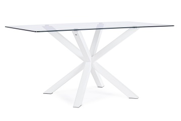 Masă fixă May, dreptunghiulară, pentru 6 persoane, blat din sticlă securizată, picioare metalice albe, 160 x 90 cm