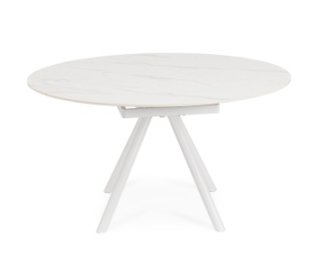 Masă rotundă extensibilă, 2-6 locuri, blat ceramică porțelanată efect marmură, bază din oțel, alb/alb, diametru 87/135 cm - Img 3