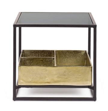 Măsuță de cafea Mavila, cu spațiu de depozitare, metal și sticlă securizată, finisaj antichizat, 42x42x40 cm - Img 3