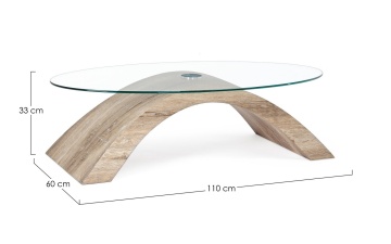 Măsuță de cafea ovală Kenya, blat din sticlă transparentă securizată și picioare din MDF cu efect de lemn, 110x60x33 cm - Img 2