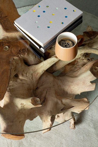 Măsuță de cafea Rosalind, diametru 80 cm, rotundă, din rădăcini de tec și sticlă securizată, înălțime 46 cm - Img 4