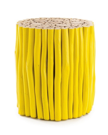Măsuță de cafea rotundă Guadalupe, din crengi de lemn de tec, finisaj galben, diametru 38 cm, înălțime 40 cm