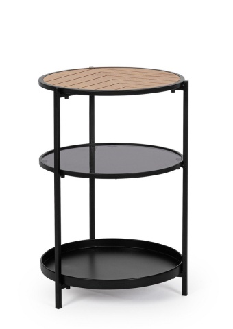 Măsuță de cafea rotundă Haldor, cu poliță din sticlă, metal și MDF furniruit, negru și natur, 40x60.5 cm