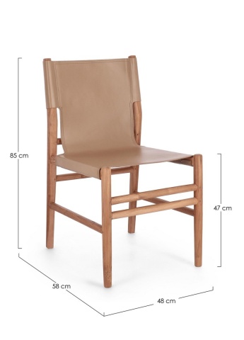 Scaun Caroline, din lemn de tec și piele naturală, Taupe, 48x58x85 cm - Img 3