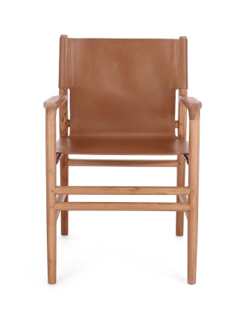 Scaun cu brațe Caroline, din lemn de tec și piele naturală, Taupe, 57x58x85 cm - Img 4