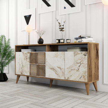 Servanta din pal melaminat Milano nuc si marmură alba 160x78x35 cm - Img 2