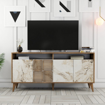 Servanta din pal melaminat Milano nuc si marmură alba 160x78x35 cm - Img 6