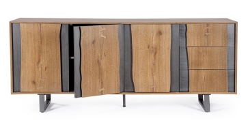 Servanta Garwood, 3 uși și 3 sertare, din MDF furniruit cu stejar, finisaj natural, picioare din oțel, 180x42x75 cm - Img 8
