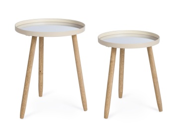 Set 2 măsuțe de cafea Edvard, cu blat tip oglindă și picioare din lemn de cauciuc, structură din oțel vopsit epoxidic, ivoriu, diametre 35,5 cm și 40 cm
