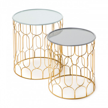 Set 2 masute de cafea rotunde din metal Timba 43x44x49 cm gri inchis/gri deschis/auriu - Img 1