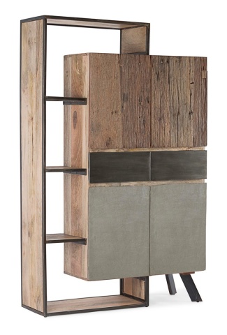 Biblioteca Manchester, 2 uși, 2 sertare, din lemn de mango și oțel, stil natural, 118x38x180 cm