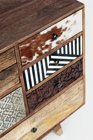 Comodă Dhaval cu 7 sertare, din lemn de mango și acacia reciclat, stil Vintage, 110x40x80 cm - Img 7