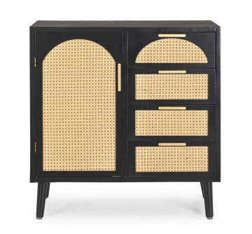Comoda Josine, lemn de pin, cu 1 ușă, 4 sertare și inserții din ratan, negru, 80x40x80 cm - Img 3