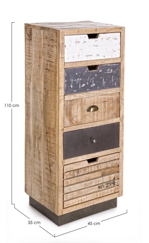 Comodă Tudor cu 5 sertare, din lemn de mango și oțel, 45x35x110 cm - Img 2