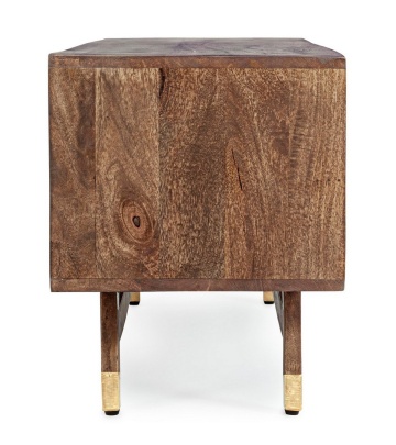 Comodă TV Dhaval, 140 cm, din lemn de mango și acacia reciclat, cu aplicații din metal și piele, 140x40x48 cm - Img 5