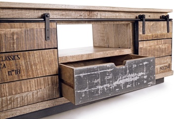 Comodă TV joasă Tudor, 130 cm, cu 2 uși și 1 sertar, din lemn de mango cu bază din oțel, finisaj nitrocelulozic, 130x40x50 cm - Img 6