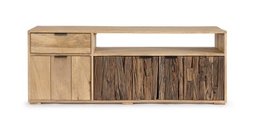 Comodă TV Nashik, cu 3 uși și 1 sertar, din lemn de mango și reciclat, 145x40x55 cm - Img 2