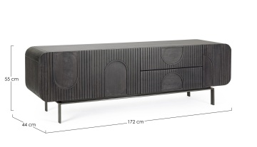 Comodă TV Orissa, lemn masiv de mango și picioare din oțel, 3 uși, 2 sertare, negru, 172x44x55 cm - Img 2