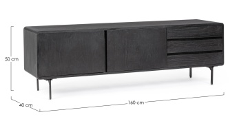 Comodă TV Widald, furnir frasin, 2 uși, 3 sertare, neagră, 160x40x50 cm - Img 2