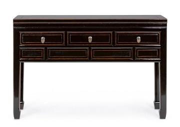 Consolă Jinan cu 3 uși, din lemn de ulm reciclat, finisaj lăcuit lucios, negru, 128x30x88 cm - Img 3