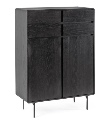 Dulapior Widald, cu 2 uși și 4 sertare, din MDF furniruit cu frasin și oțel, negru, 90x40x130.5 cm