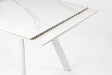 Masă dining extensibilă Jarkko, 8-10 persoane, blat din gresie porțelanată efect marmură și bază din oțel, alb mat, 160-240x90 cm - Img 7