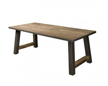 Masa dreptunghiulara cu blat din lemn de tec reciclat 220x100x77 cm maro inchis/negru