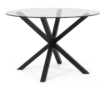 Masă fixă May, rotundă, pentru 6 persoane, blat din sticlă securizată, picioare metalice negre, Ø114 cm