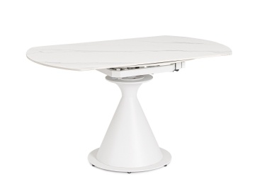 Masă rotundă extensibilă Jonni, 6 persoane, blat din gresie porțelanată cu efect de marmură, picioare din oțel, albă, 85 - 135 cm - Img 2