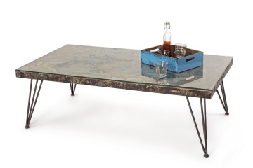 Măsuță de cafea Atlantide, stil nordic, cu cadru din oțel antichizat și blat din sticlă cu decor ciment, 140x75x47 cm - Img 8