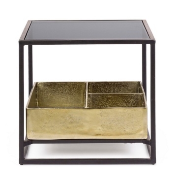 Măsuță de cafea Mavila, cu spațiu de depozitare, metal și sticlă securizată, finisaj antichizat, 42x42x40 cm - Img 4