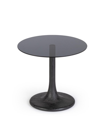 Măsuță de cafea rotundă Aberdeen, cu picioare din lemn de mango și blat din sticlă afumată, negru, diametru 45 cm, înălțime 40 cm