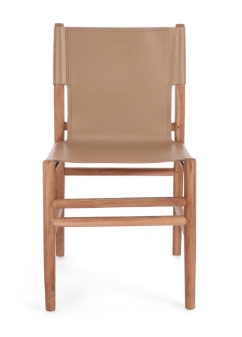Scaun Caroline, din lemn de tec și piele naturală, Taupe, 48x58x85 cm - Img 4