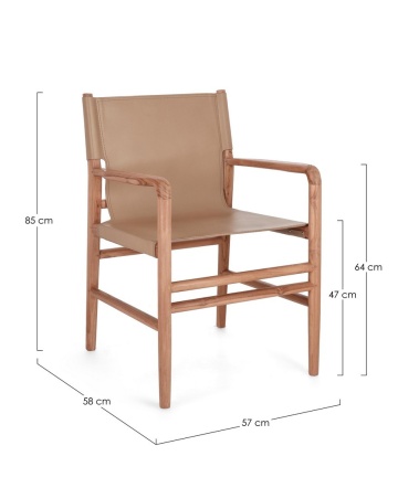 Scaun cu brațe Caroline, din lemn de tec și piele naturală, Taupe, 57x58x85 cm - Img 3