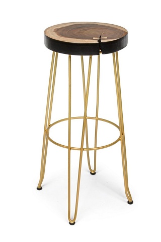 Scaun de bar, design nordic, din lemn masiv și oțel vopsit electrostatic, auriu, înălțime 74 cm