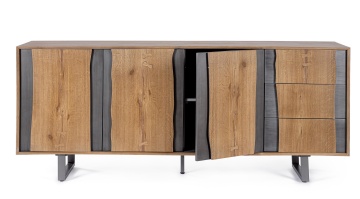 Servanta Garwood, 3 uși și 3 sertare, din MDF furniruit cu stejar, finisaj natural, picioare din oțel, 180x42x75 cm - Img 9