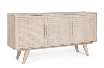 Servanta Sahana, cu 3 uși, din lemn de mango și ratan, finisaj alb spălăcit, 155x40x80 cm