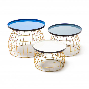 Set 3 masute de cafea rotunde din fier 26 cm / 32 cm / 42 cm albastru / gri / alb