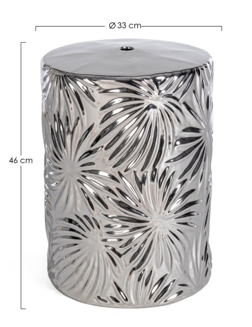 Taburet cilindric decorativ Sfinge, din ceramică, argintiu cu model frunze, 33x46 cm - Img 2