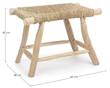 Taburet din ramuri de tec, finisaj natural, 60x38x45 cm - Img 2