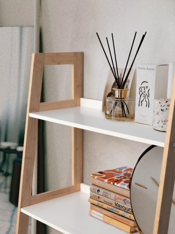 Bibliotecă Brooklyn din bambus alb 130 cm - Img 6