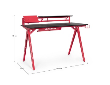 Birou de gaming, cu cadru metalic și blat cu efect de fibră de carbon, roșu și negru, 135.5x60x95 cm - Img 2