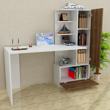Birou din pal melaminat cu rafturi Merinos alb si nuc 120 cm - Img 3