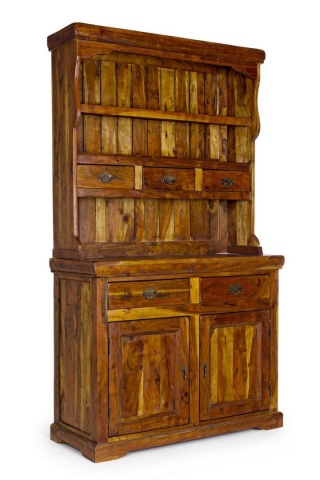 Bufet cu vitrină Chateaux, din lemn masiv de acacia indiană, finisaj rustic antichizat, 107x45x190 cm